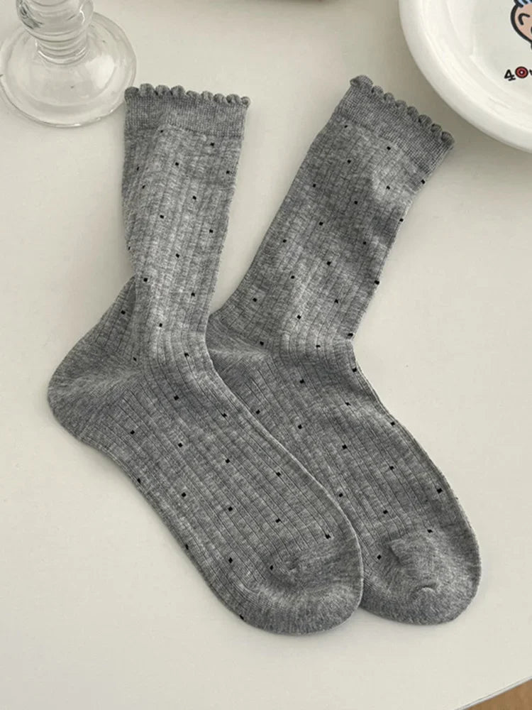 Women's Polka Dot Cotton Crew Socks – Kawaii Harajuku Style Women's Crew Socks SPOT Grey 35-39