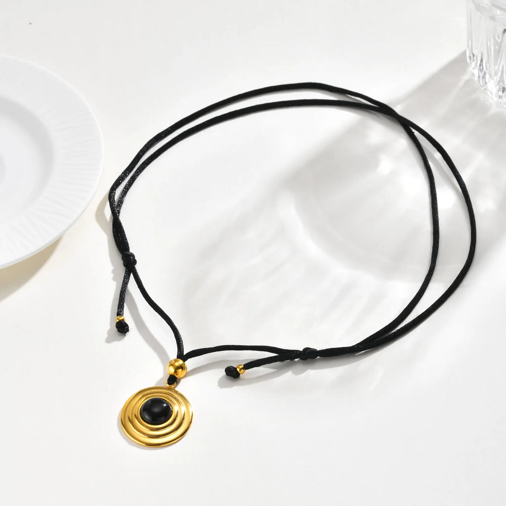Black Onyx Round Pendant Necklace – Gold Plated Boho Jewelry Pendant Necklace SPOT