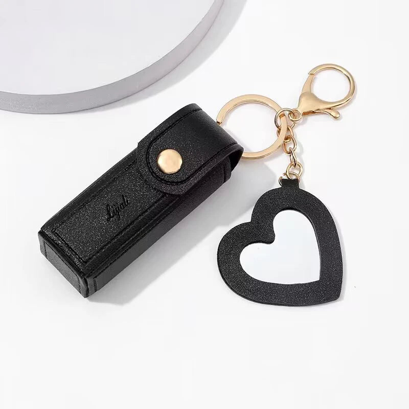 Lipstick Keychain Holder Bag with Mini Mirror – Portable Lipstick Keychain Bag SPOT Black