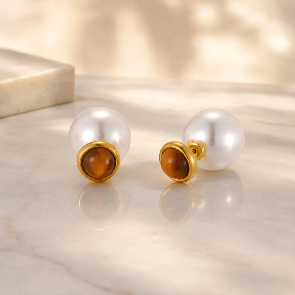 Tiger Eye & Faux Pearl Stud Earrings | 18K Gold Plated Steel Stud Earrings SPOT