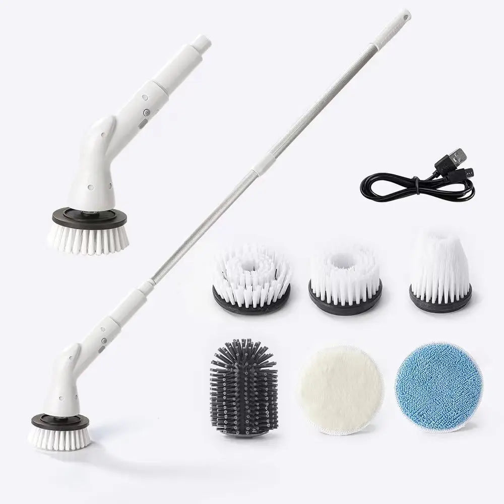 Wireless Electric Cleaning Brush – Telescopic Long Handle Bathroom Electric Cleaning Brush SPOT White 5 brush heads