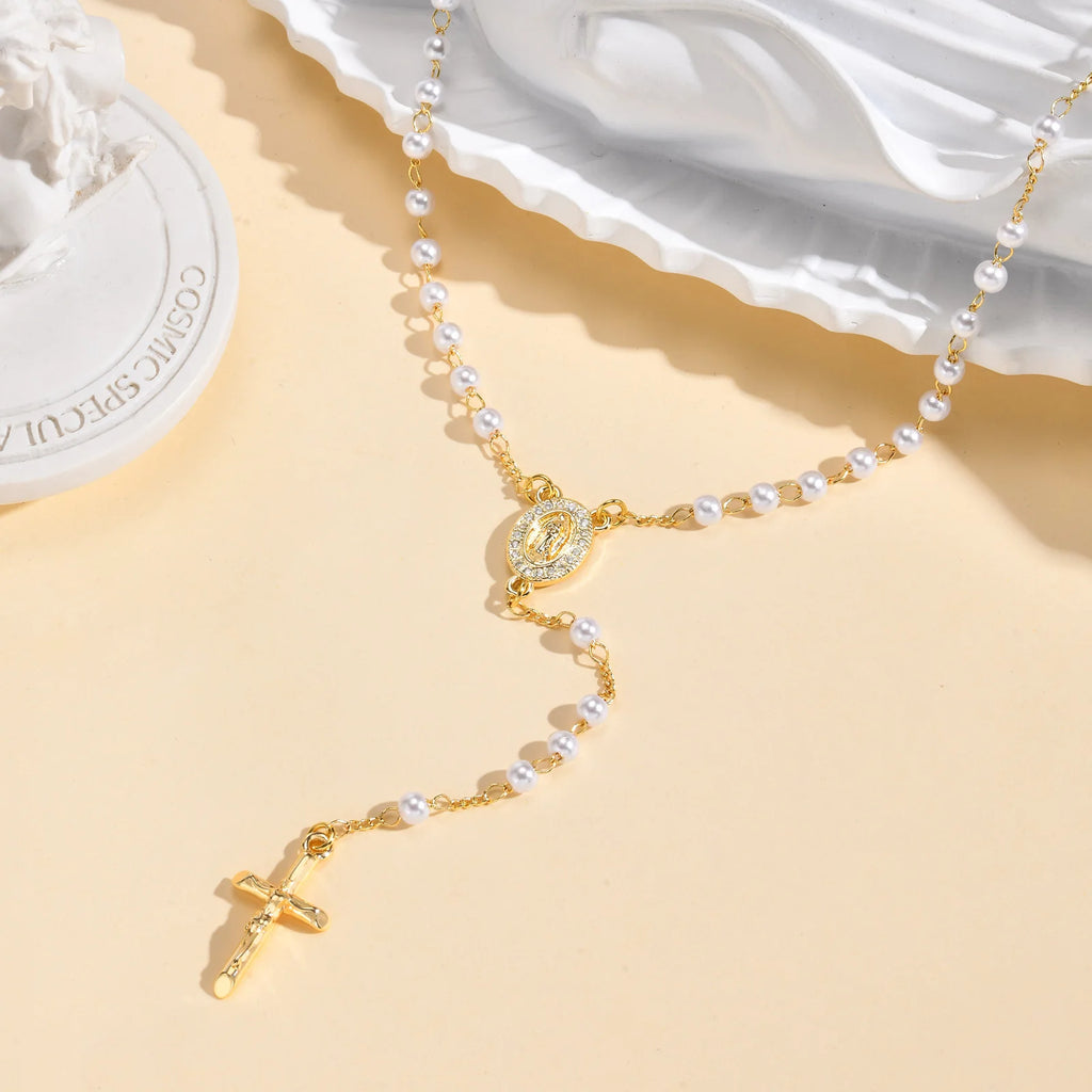 Catholic Rosary Necklace White Pearl Gold Cross Pendant Religious Pendant Necklace SPOT