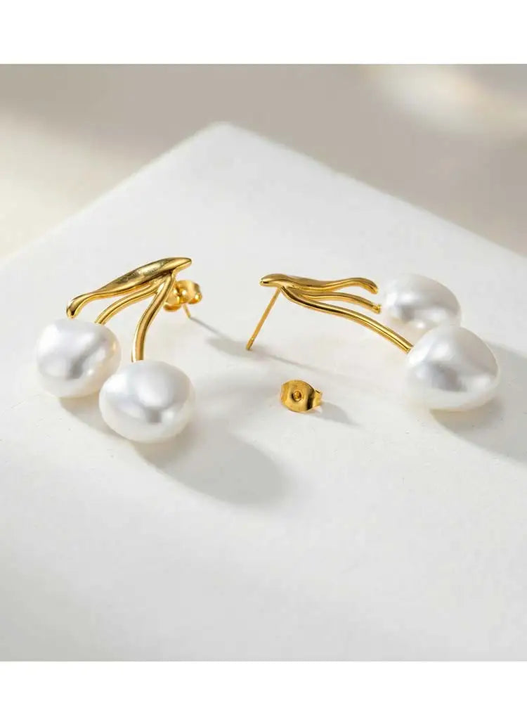 18K Gold Pearl Cherry Earrings – Hypoallergenic Stud Earrings Drop Stud Earrings SPOT