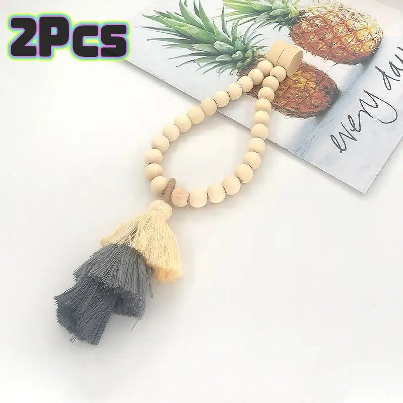 Bohemian Wooden Bead Magnetic Curtain Tie Backs with Tassel – 2Pk Curtain Tie Backs SPOT Gray
