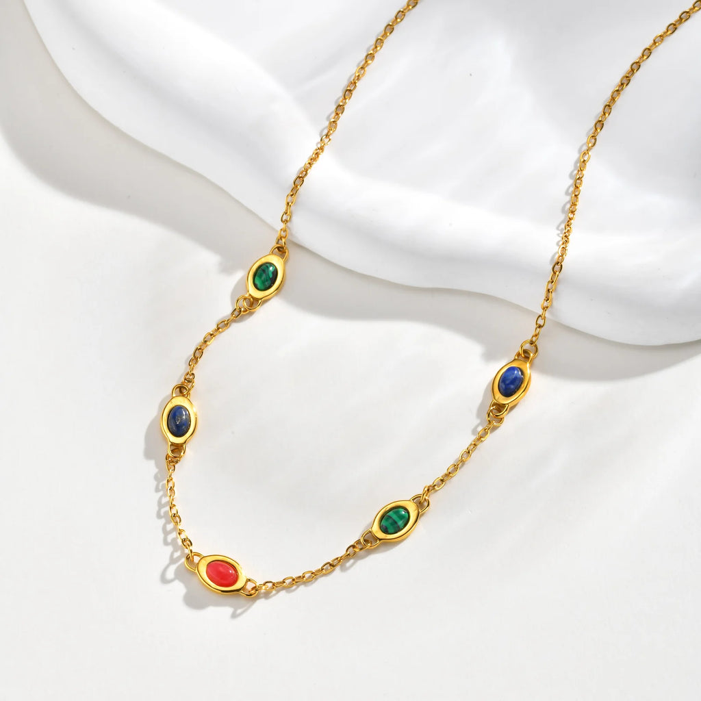 18K Gold Plated Natural Stone Station Necklace – Malachite & Lapis Station Necklace SPOT