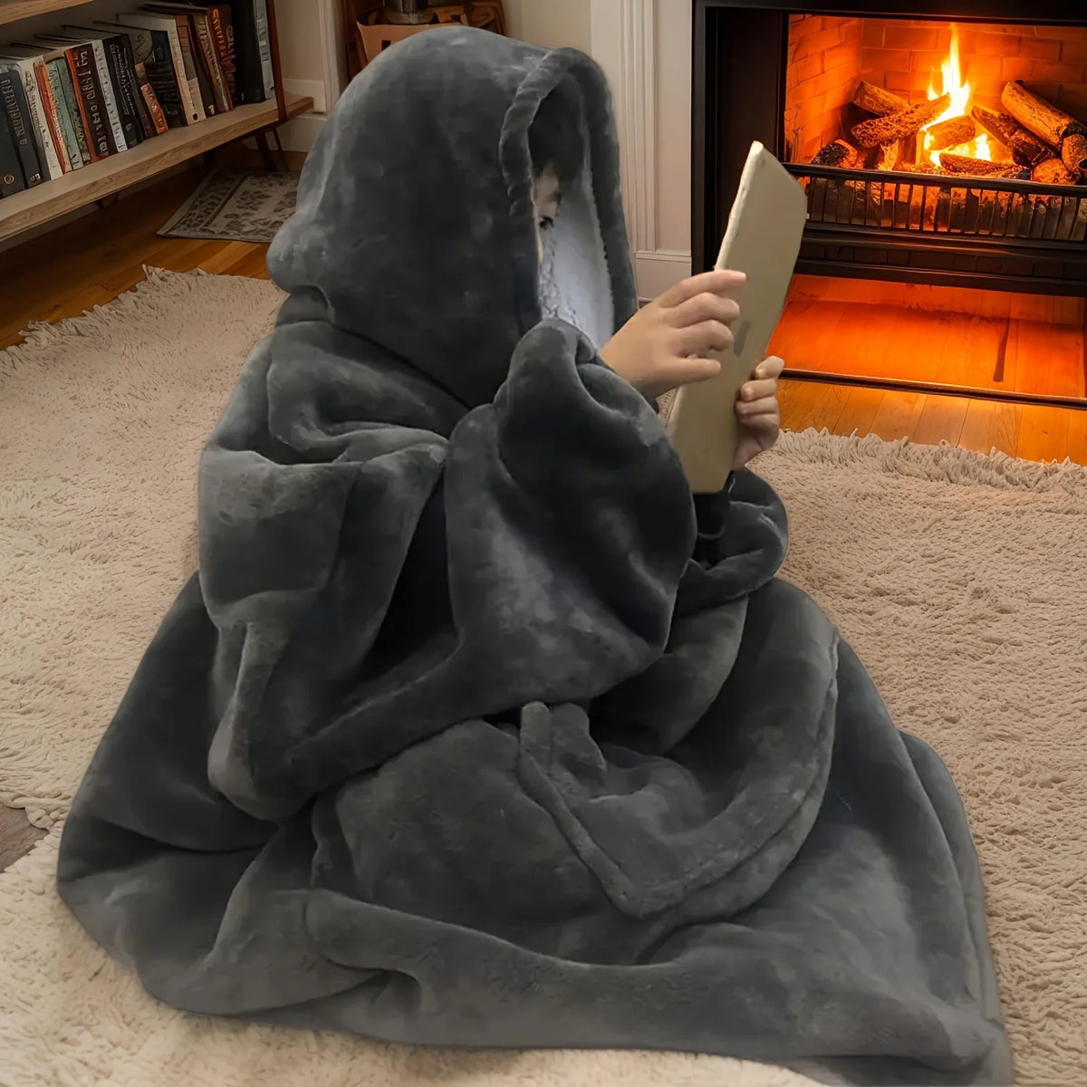 Oversized Reversible Fleece Hoodie Blanket – Soft Plush Wearable Wearable Hoodie Blanket SPOT Light Grey