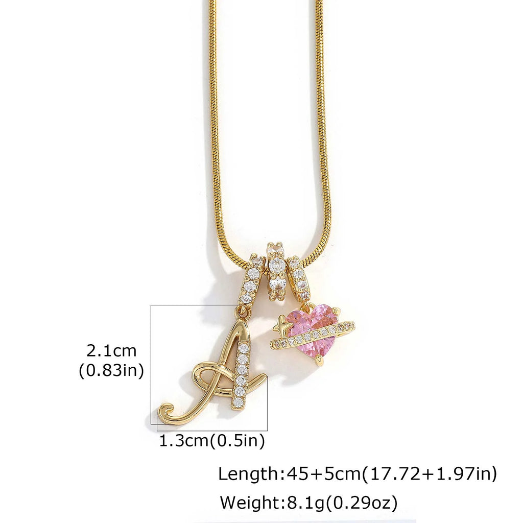 Initial Letter Necklace – Pink Crystal Heart Pendant, 18K Gold Initial Pendant Necklace SPOT