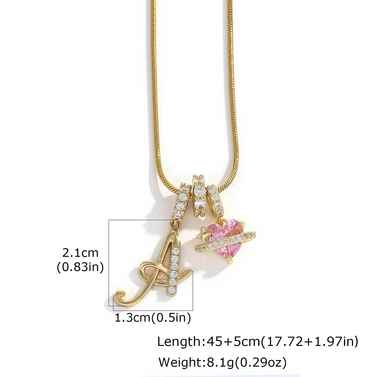 Initial Letter Necklace – Pink Crystal Heart Pendant, 18K Gold Initial Pendant Necklace SPOT