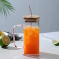 400ml Square Glass Mug with Lid & Straw – Microwave Safe Glass Mug SPOT Pink Handle 400ML