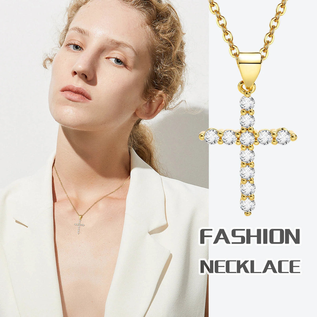 CZ Cross Pendant Necklace for Women – Gold Adjustable Chain Cross Pendant Necklace SPOT