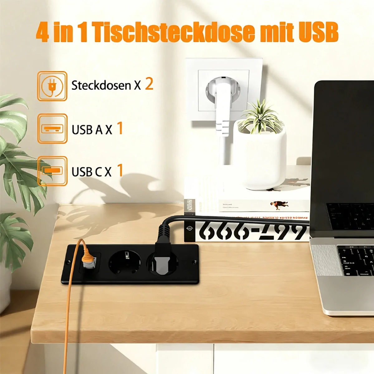 EU Recessed Desktop Power Outlet with USB-A, USB-C & 2M Cord Recessed Desktop Socket SPOT