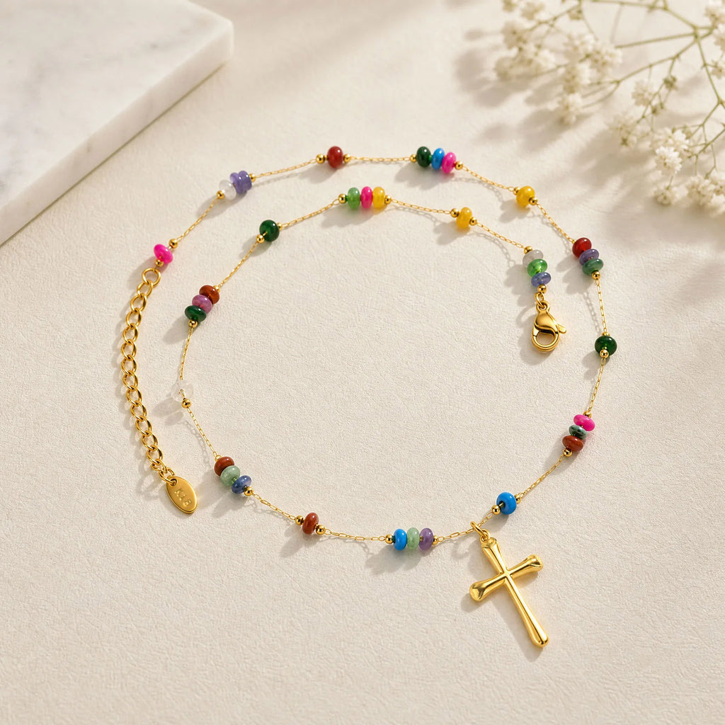 Natural Stone Beaded Cross Pendant Necklace – 18K Gold PVD Pendant Necklace SPOT