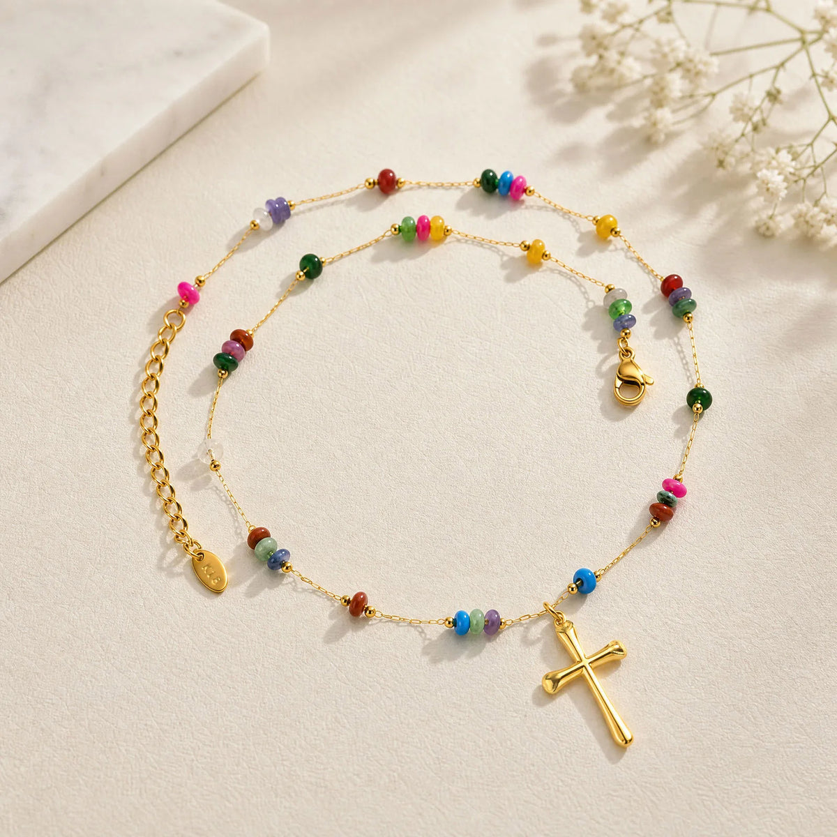 Natural Stone Beaded Cross Pendant Necklace – 18K Gold PVD Pendant Necklace SPOT