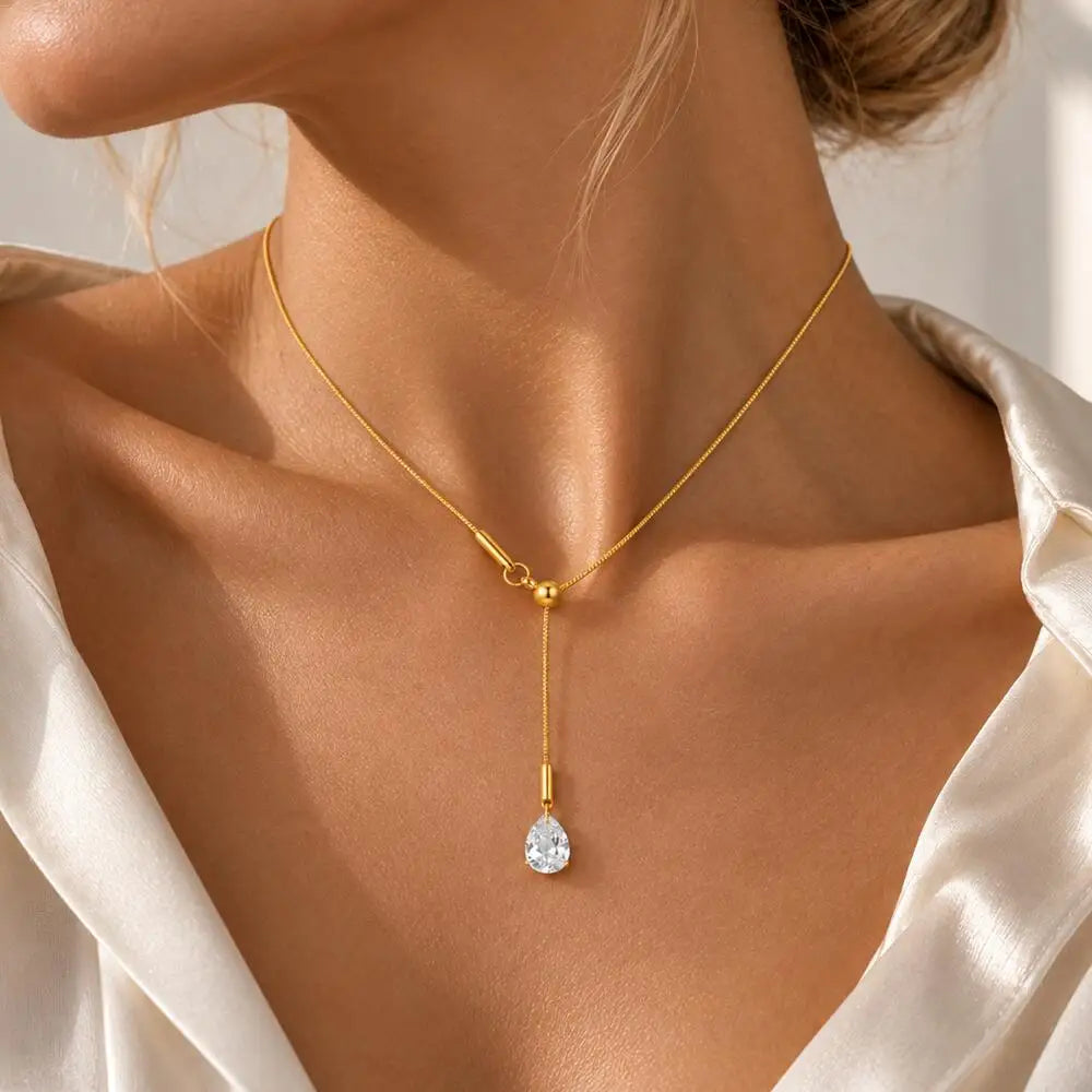 18K Gold Lariat Y-Necklace with Teardrop CZ – Women's Jewelry Lariat Pendant Necklace SPOT