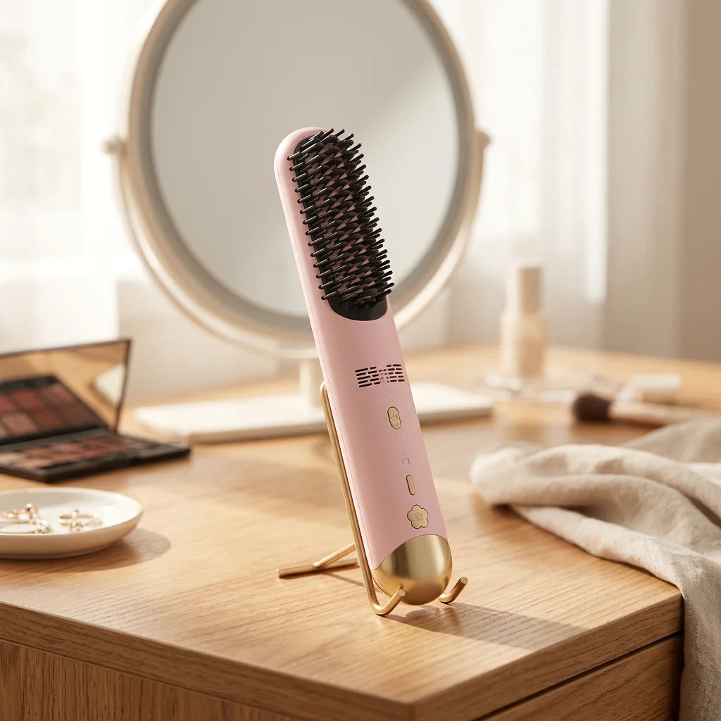 Wireless Ceramic Hair Straightener Brush – 3200mAh Battery Hair Straightener Brush SPOT Pink USB Type-C