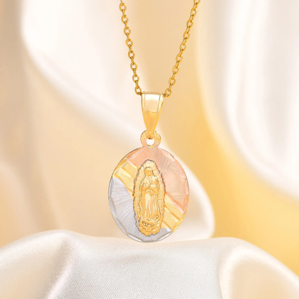 Tri-Color Gold Virgin Mary Guadalupe Pendant Necklace Gift Pendant Necklace SPOT