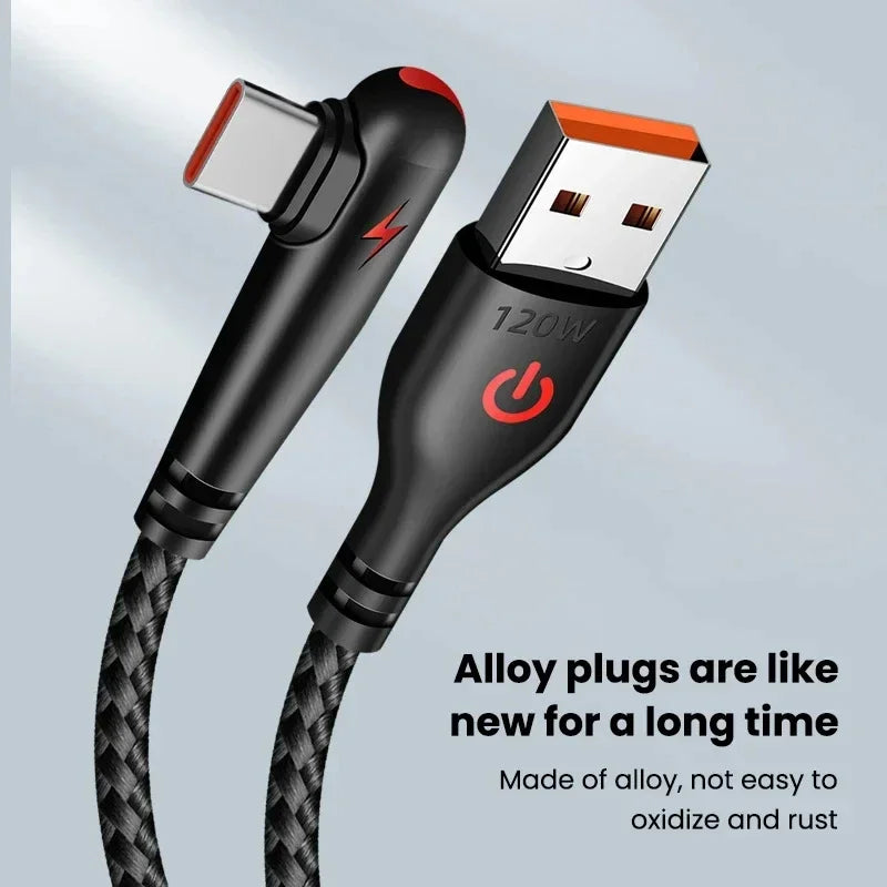 120W USB-A to USB-C Fast Charging Cable – 90° Elbow Braided USB-C Charging Cable SPOT
