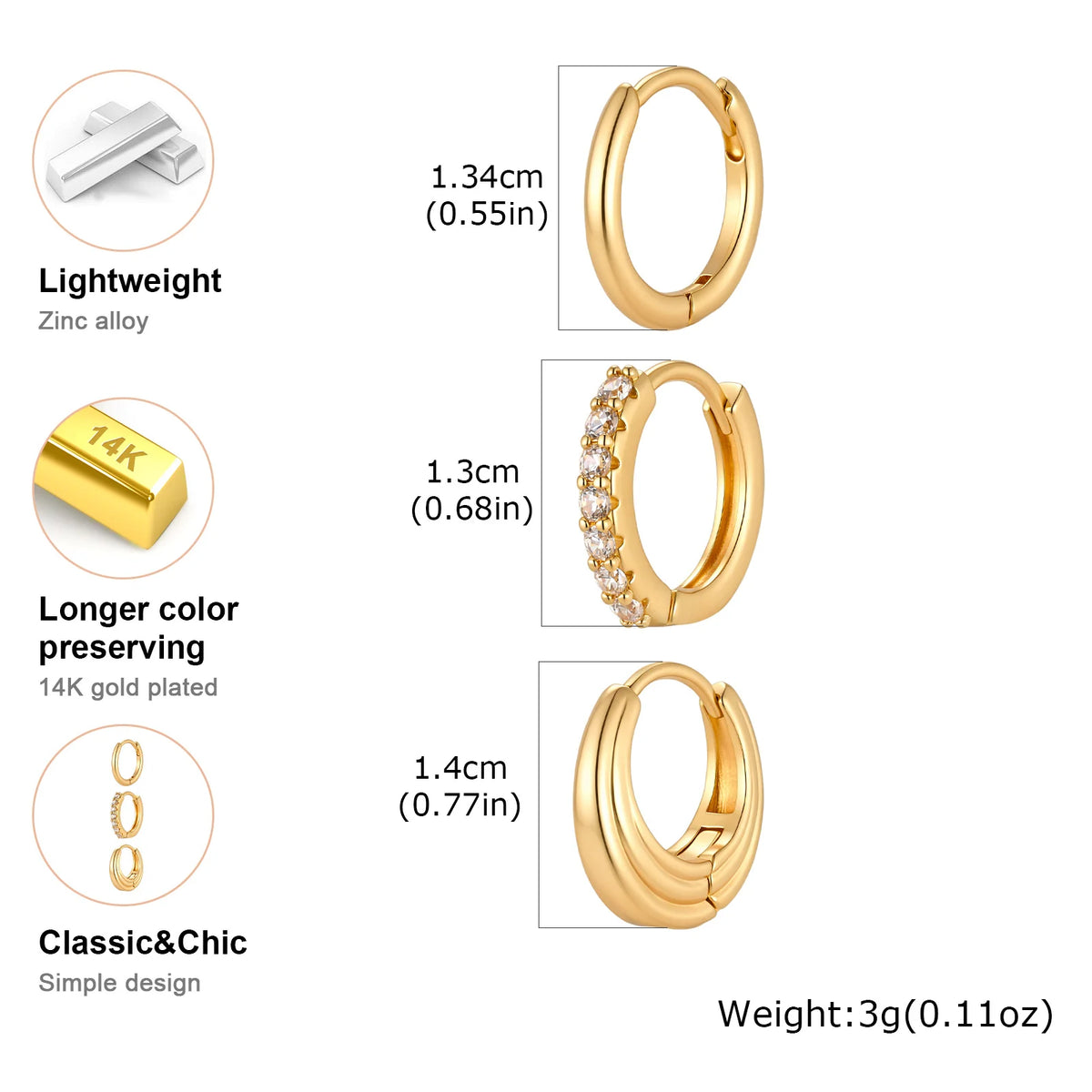 3-Piece Gold Hoop Earring Set – CZ Huggies, Stackable Hoops Hoop Earring Set SPOT
