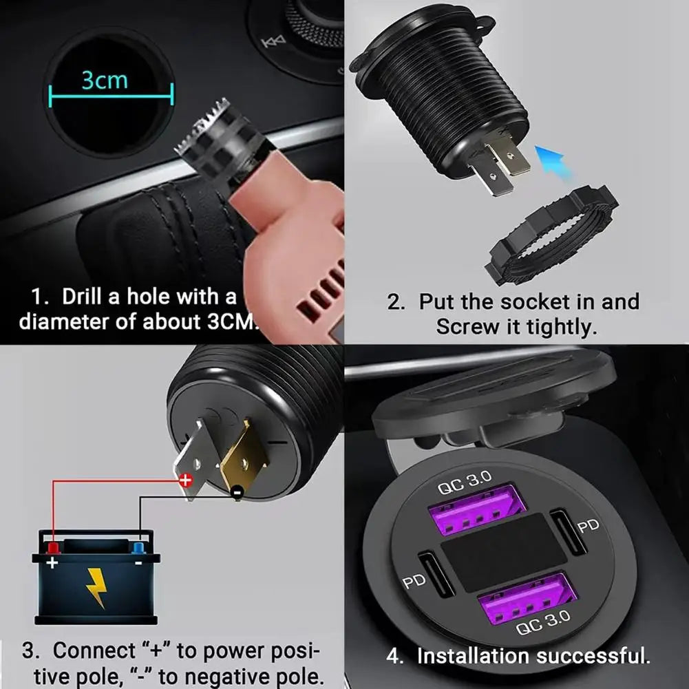 Dual QC3.0 & USB-C Flush Car Charger Socket – LED Voltage Display Car Charger Socket SPOT