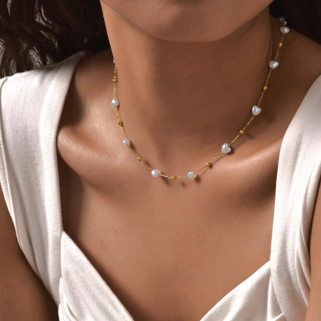 Love Heart Pearl Necklace – 18K Gold Plated, Waterproof Gift Pearl Chain Necklace SPOT