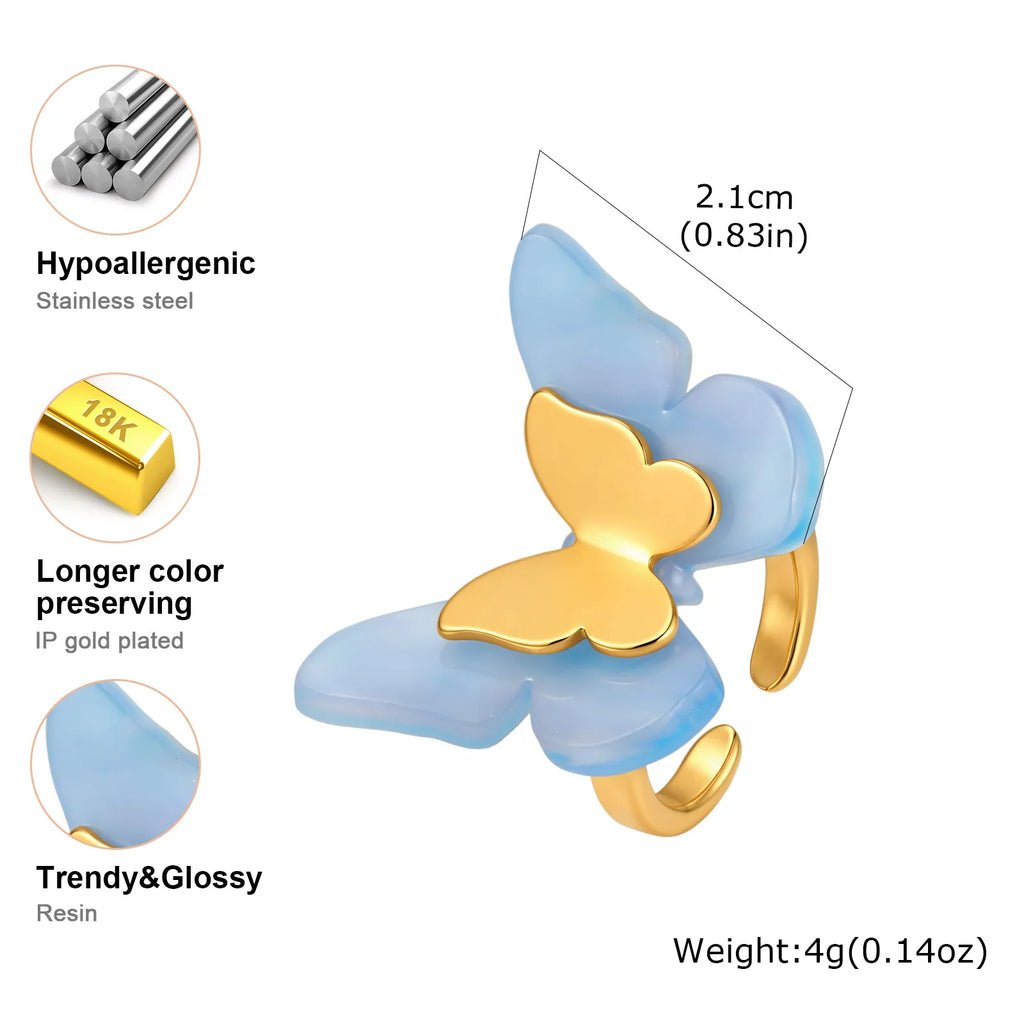 18K Gold Plated Butterfly Ring – Blue Acetate Open Band Fashion Ring SPOT