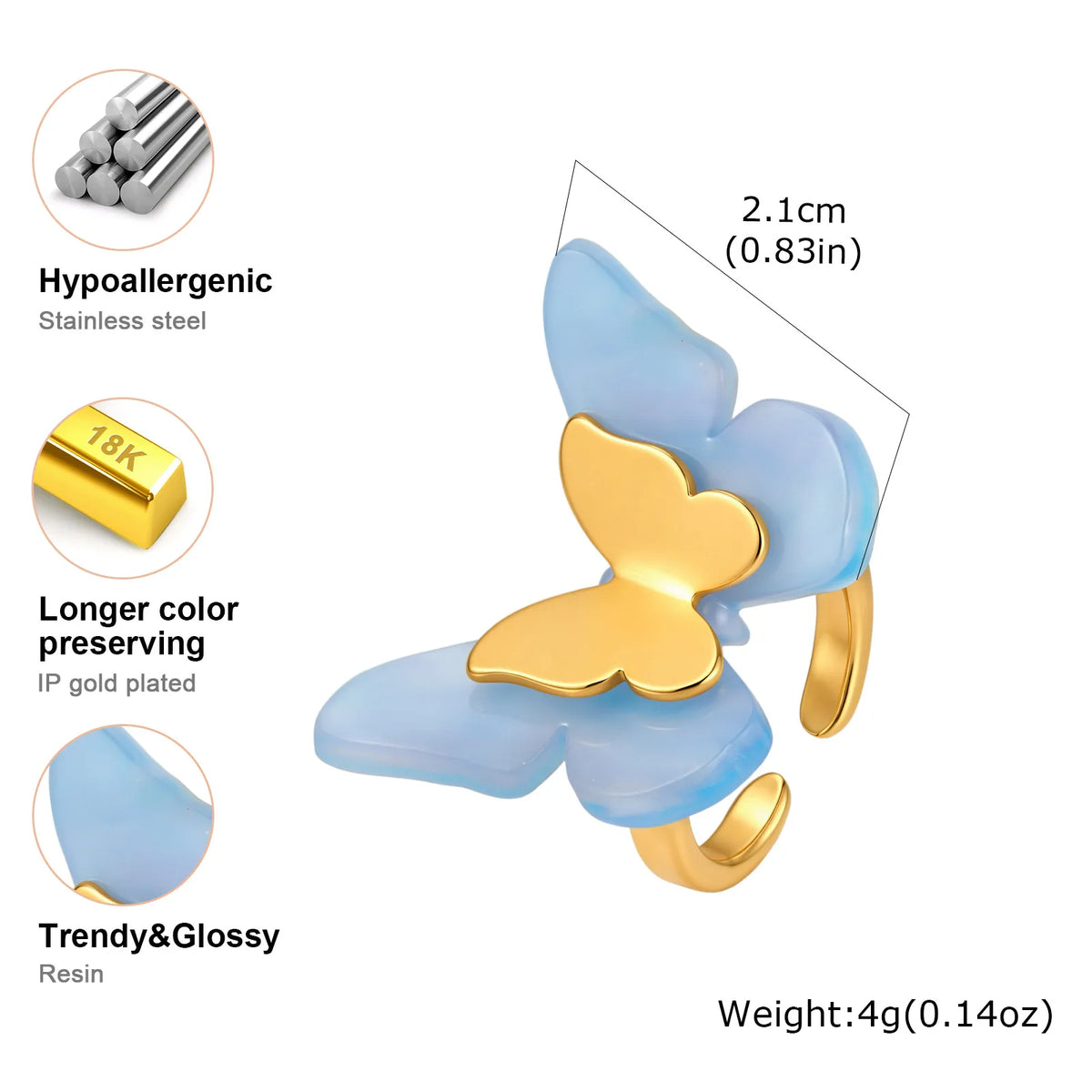 18K Gold Plated Butterfly Ring – Blue Acetate Open Band Fashion Ring SPOT