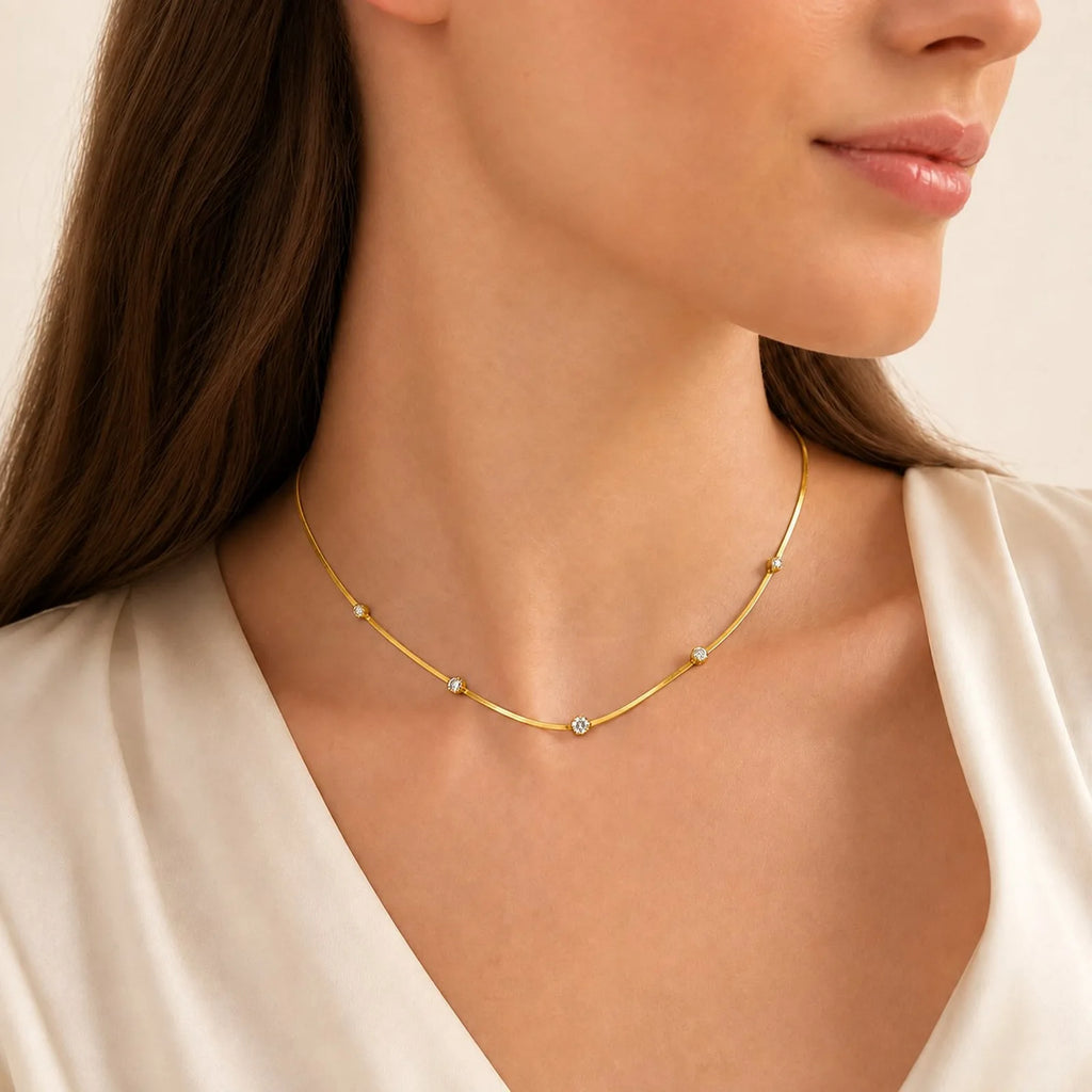 CZ Station Necklace – 18K Gold Plated Snake Chain for Women CZ Station Necklace SPOT