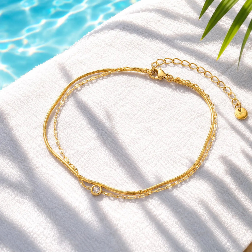 18K Gold CZ Snake Chain Anklet – Waterproof Double Layer Fashion Anklet SPOT