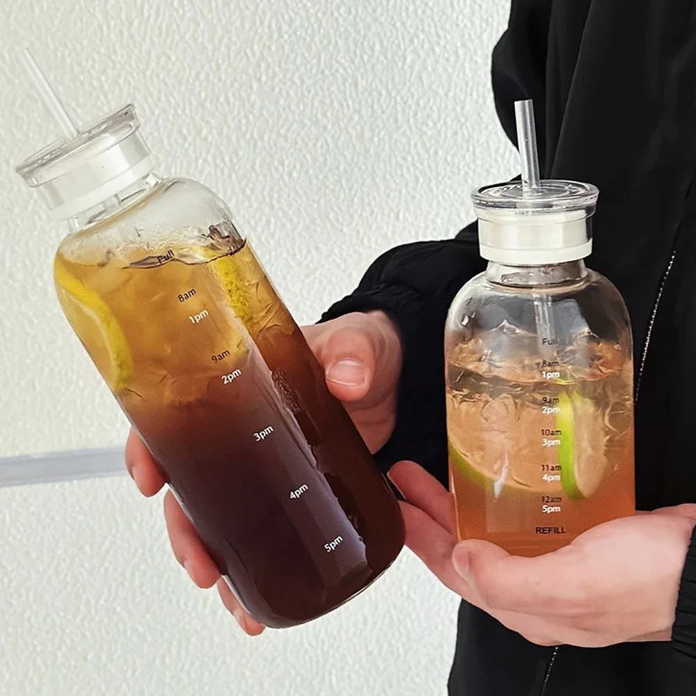 Glass Water Bottle with Time Marker, Lid & Straw – 550/750ml Glass Water Bottle SPOT