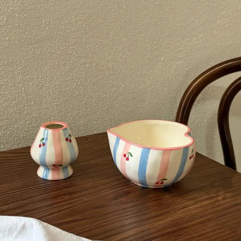 Heart Ceramic Matcha Bowl & Whisk Holder Set – Hand-Painted Ceramic Tea Set SPOT A7