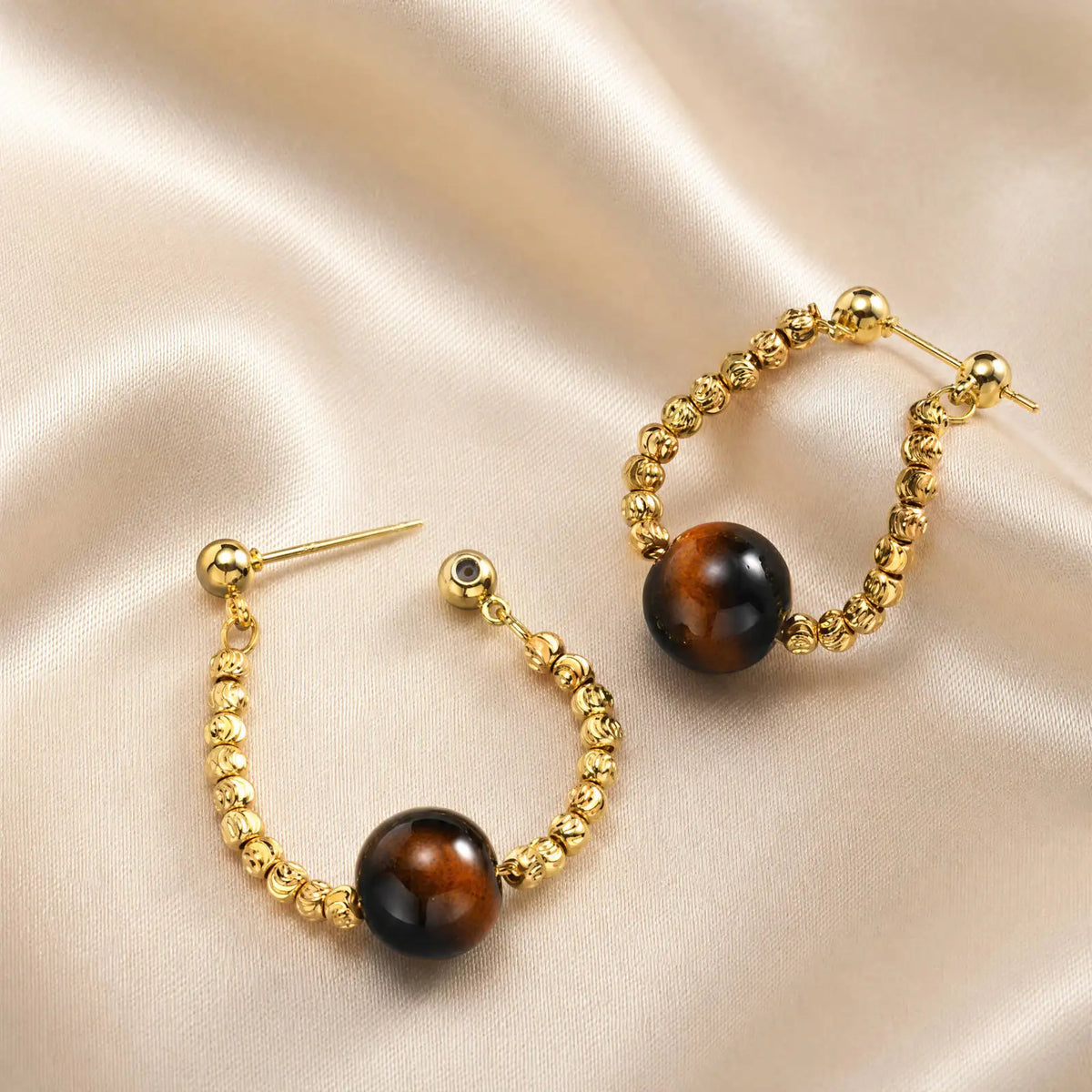 Gold Plated Tiger Eye & Pearl Beaded Drop Earrings – Meaeguet Beaded Dangle Earrings SPOT