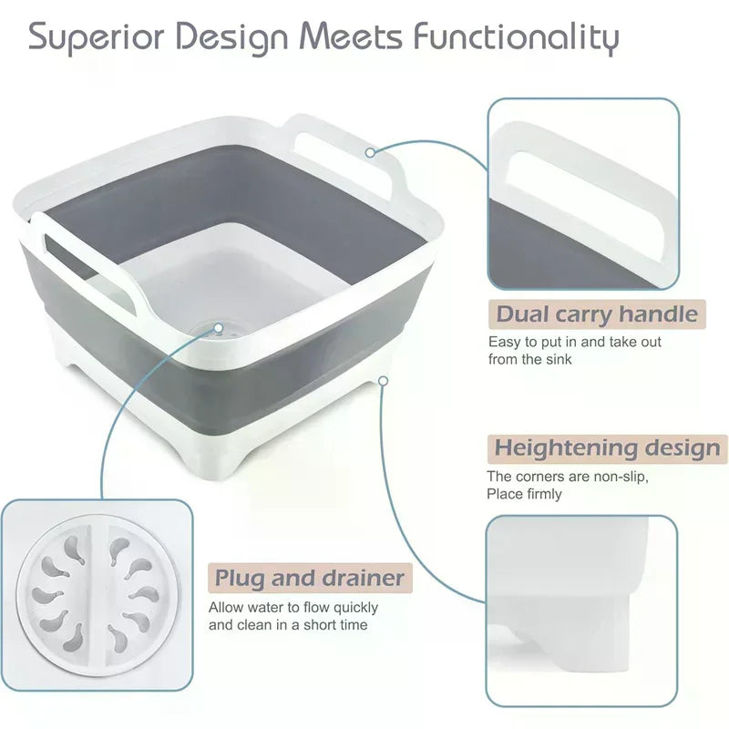 9L Collapsible Wash Basin with Drain Plug – BPA-Free Dish Tub Collapsible Wash Basin SPOT