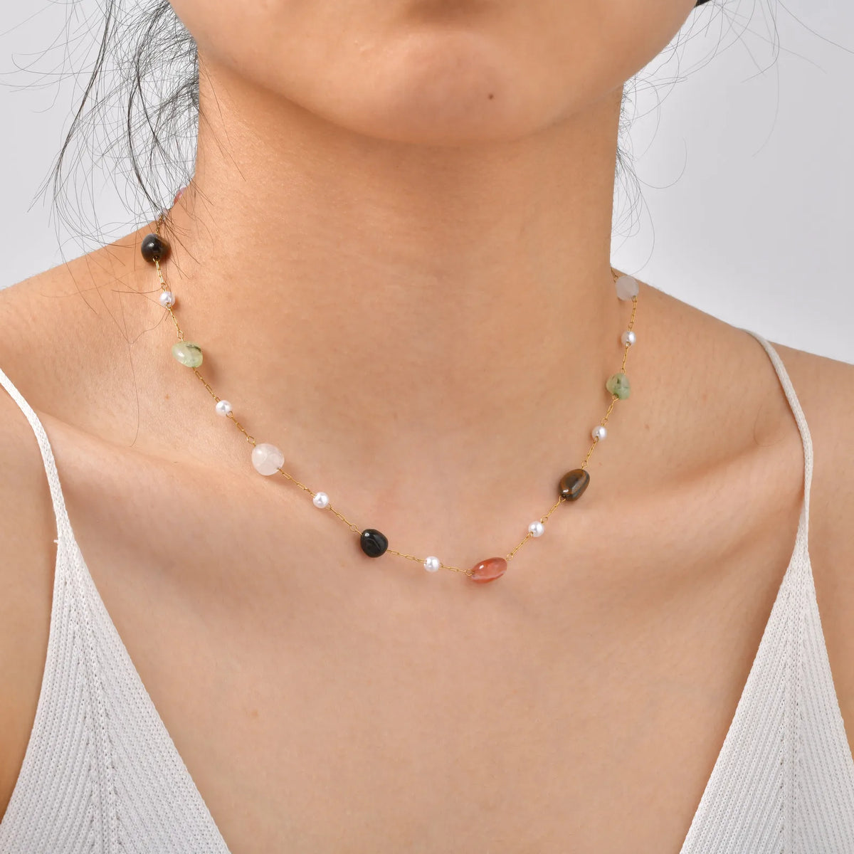 Natural Stone Beaded Station Necklace – Stainless Steel Chain Beaded Stone Necklace SPOT