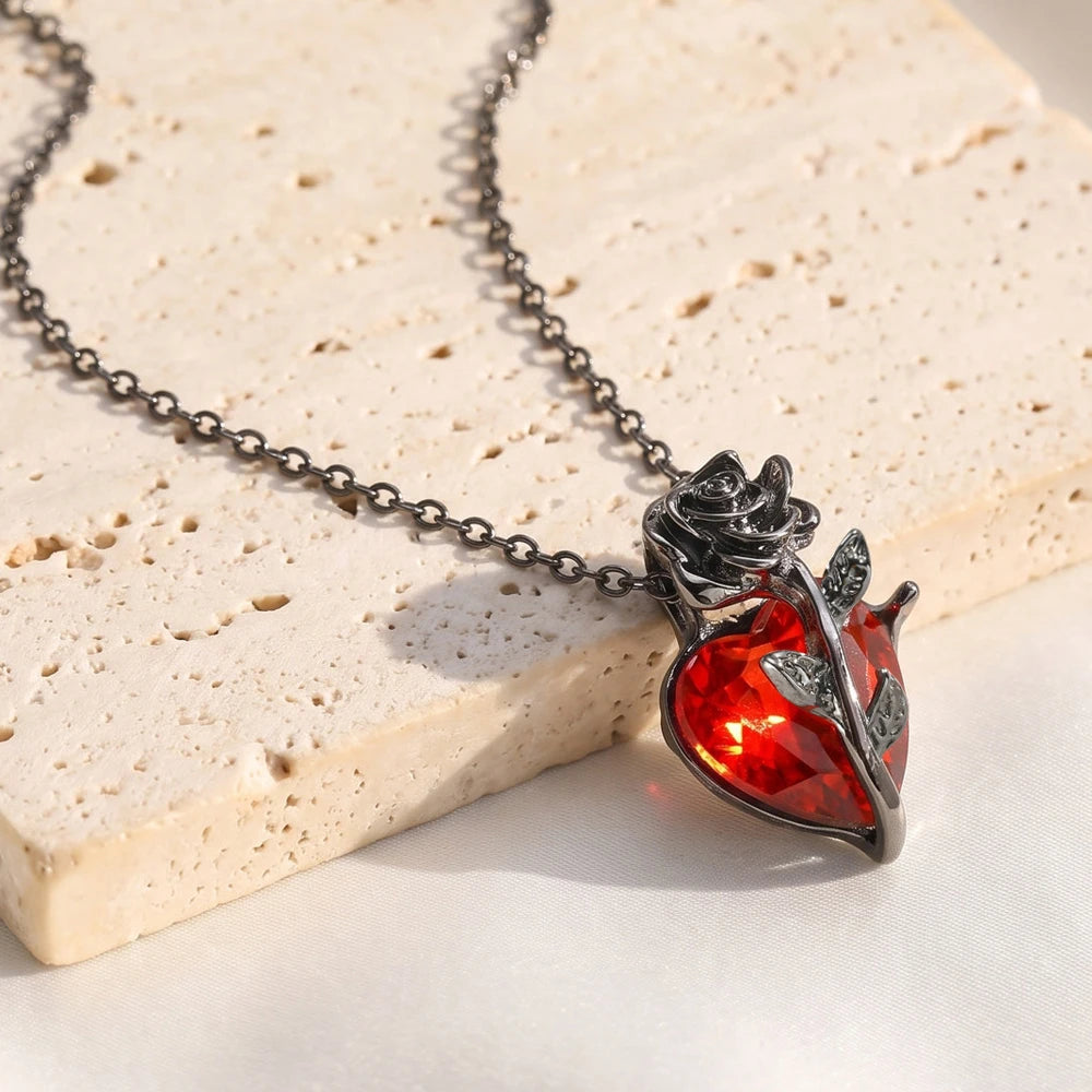 Gothic Rose Heart Necklace – Red Rhinestone Pendant for Women Pendant Necklace SPOT
