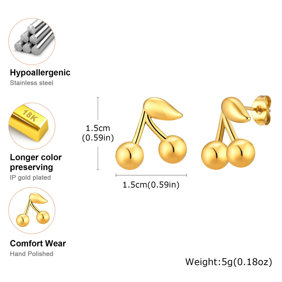 Gold Cherry Stud Earrings – Stainless Steel, Hypoallergenic Stud Earrings SPOT
