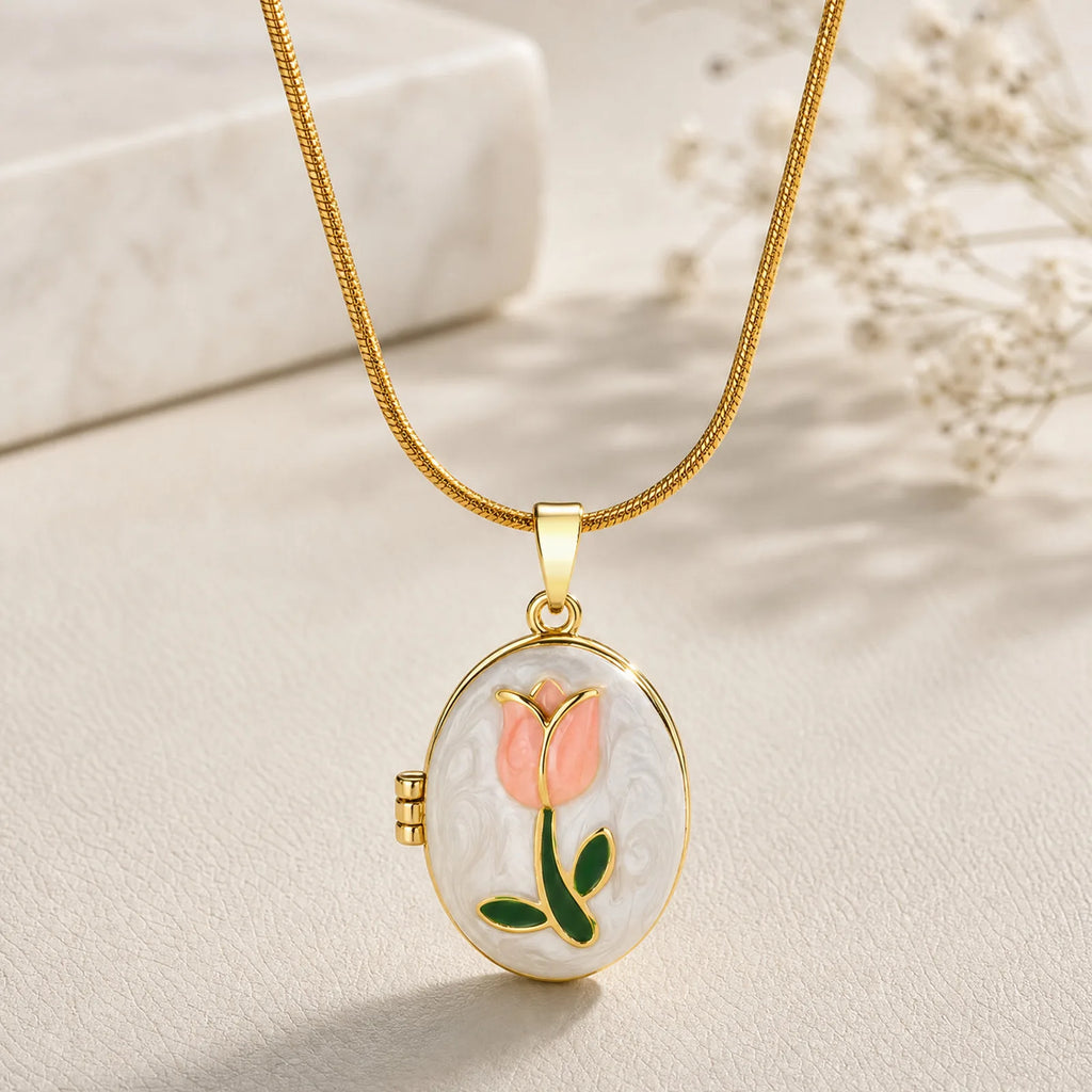 Custom Photo Enamel Flower Locket Necklace | 18K Gold Plated Locket Necklace SPOT
