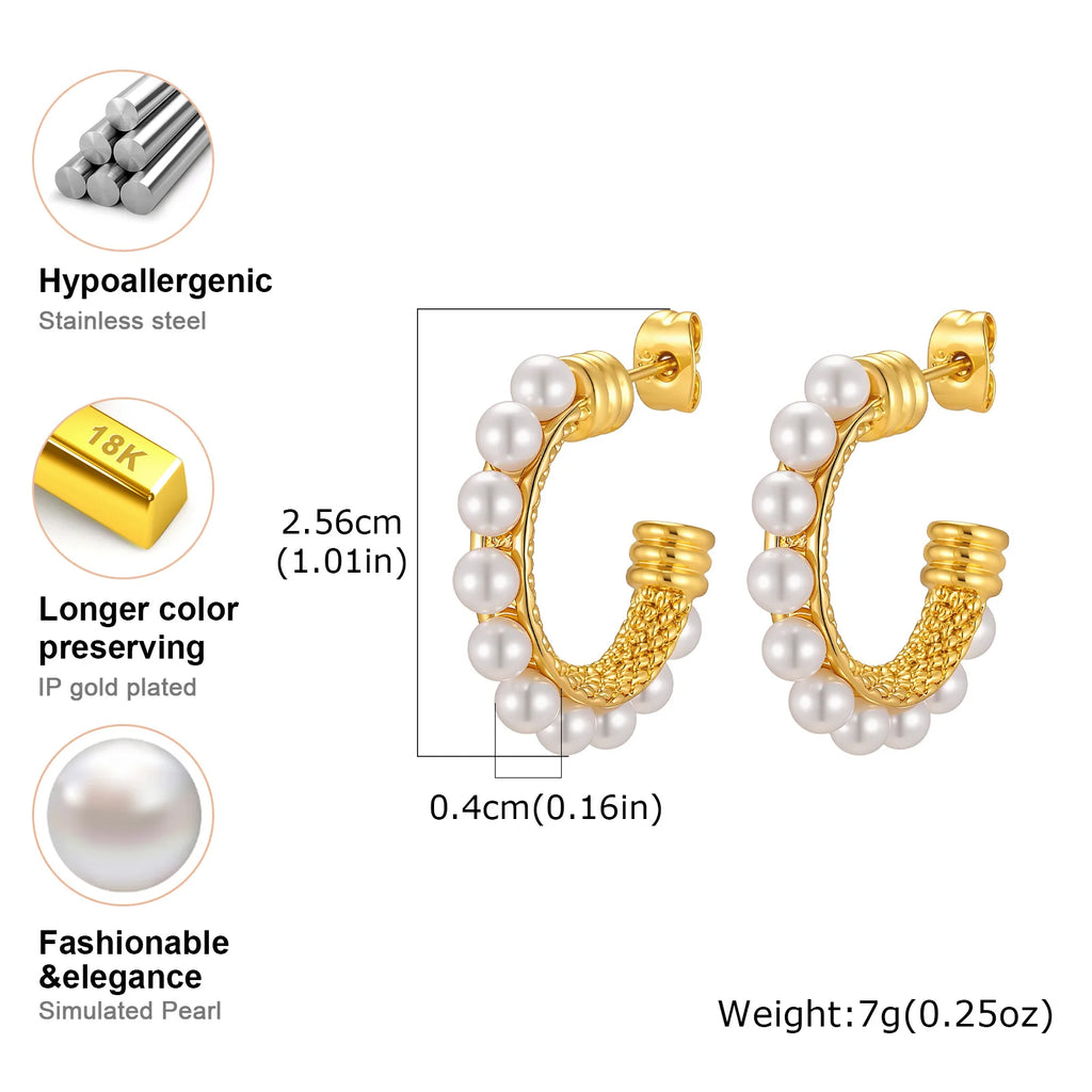French Vintage Pearl Hoop Earrings – Gold Plated C-Shape Pearl Hoop Earrings SPOT