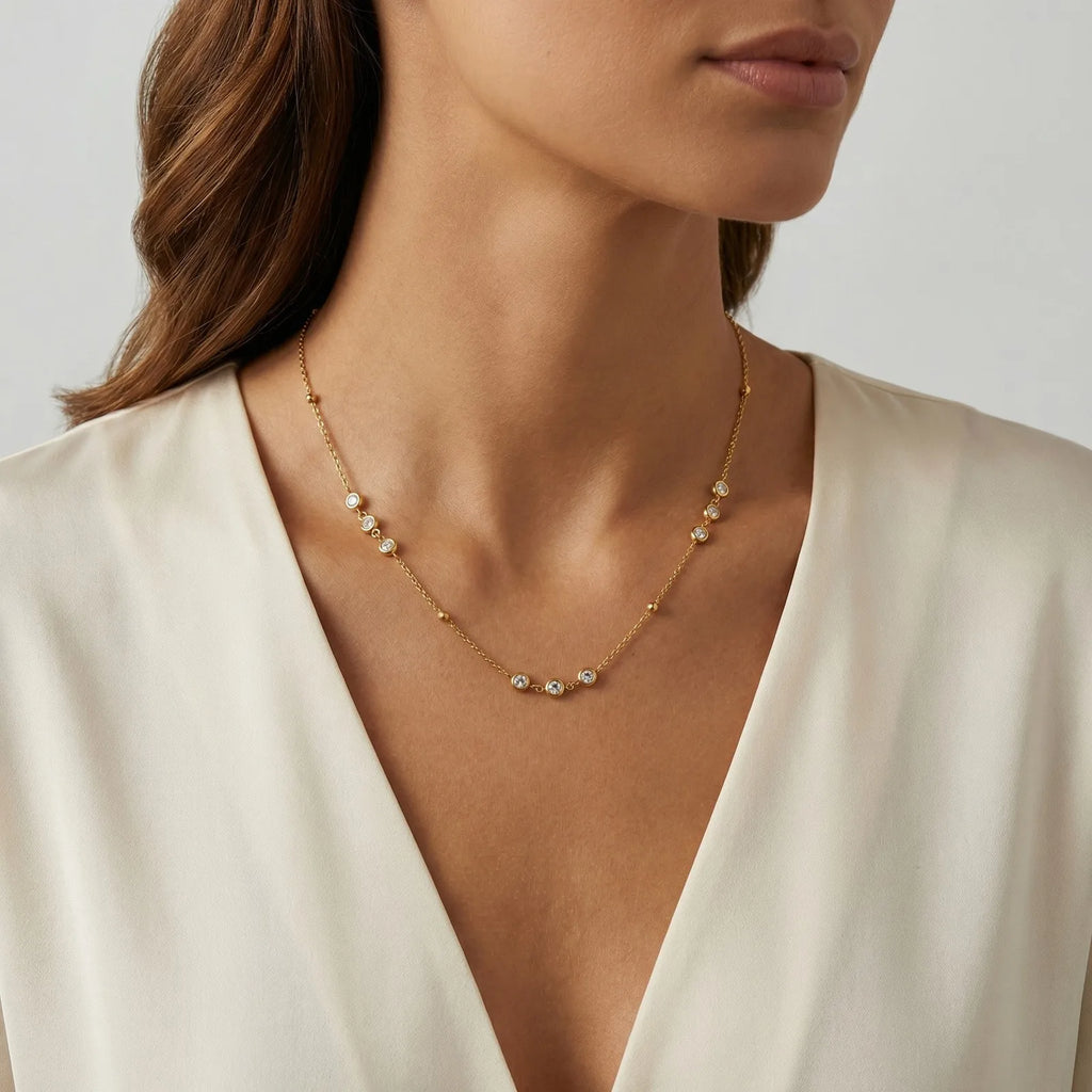 Gold Plated CZ Station Necklace – Dainty Minimalist Choker Station Choker Necklace SPOT