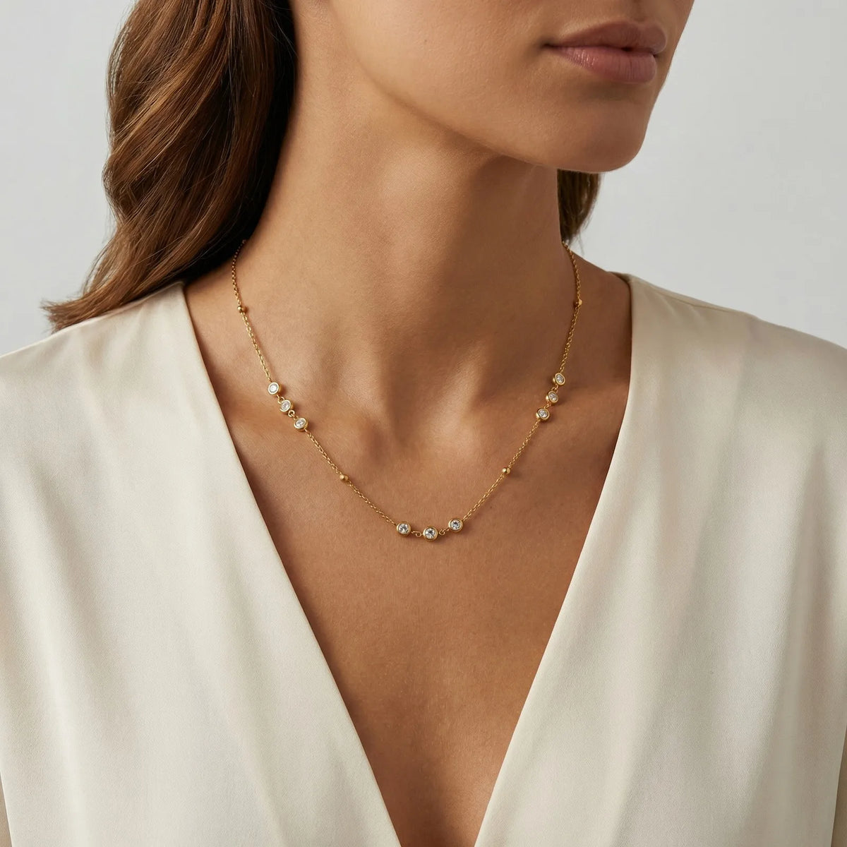 Gold Plated CZ Station Necklace – Dainty Minimalist Choker Station Choker Necklace SPOT