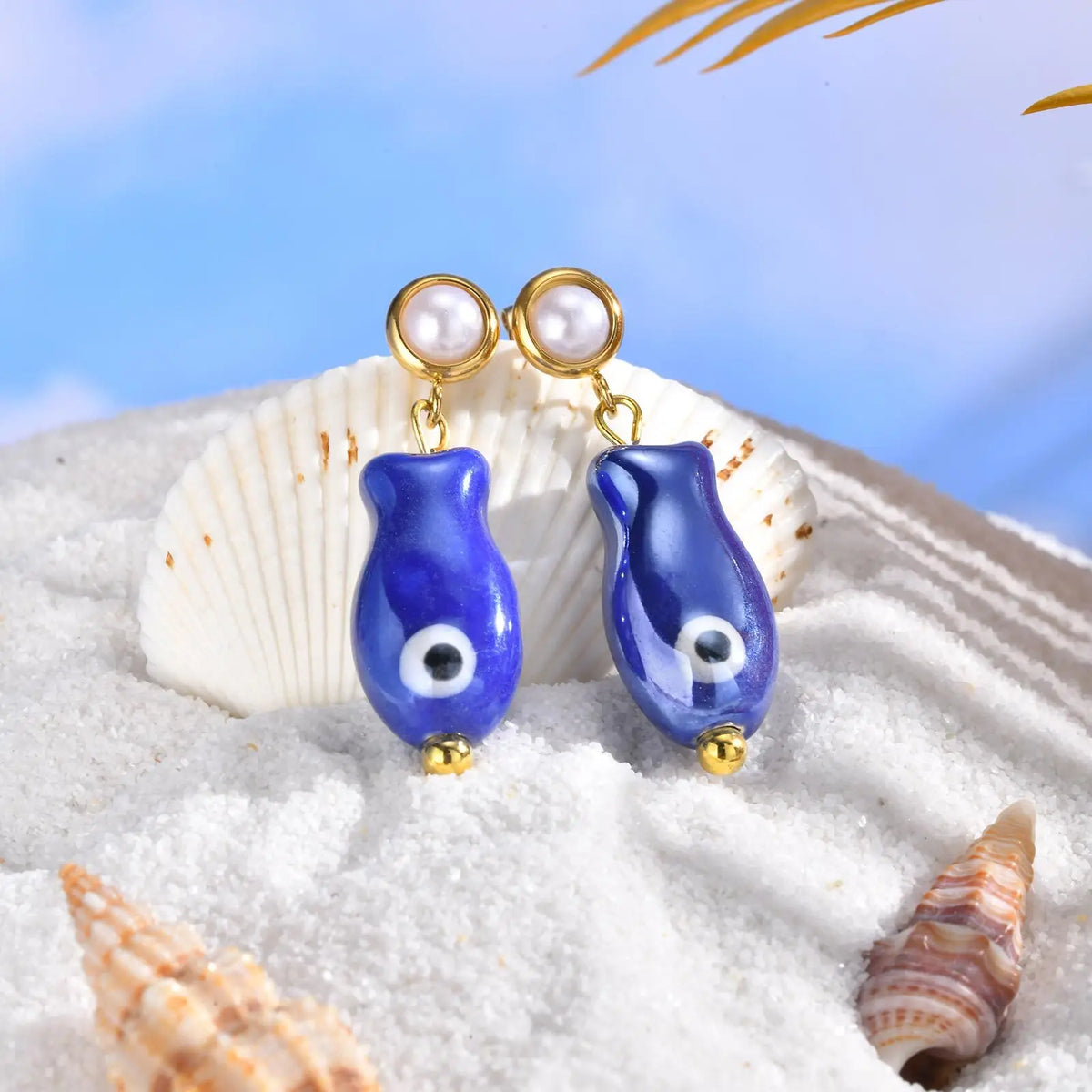 Light Blue Ceramic Conch Dangle Earrings – Waterproof Beach Jewelry Dangle Earrings SPOT