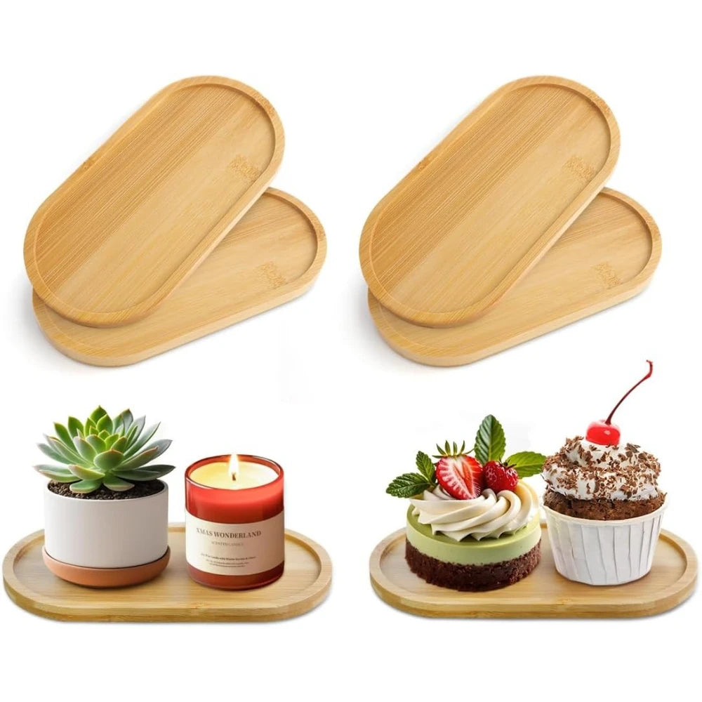 4-Pack Oval Bamboo Plant Saucers – Drip Trays & Coasters Plant Saucer Tray SPOT 4pcs