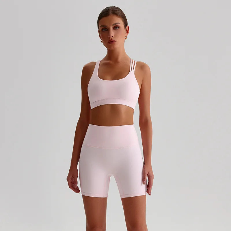 Women's High Waist Yoga Short Legging & Cross Back Bra Set Yoga Activewear Set SPOT