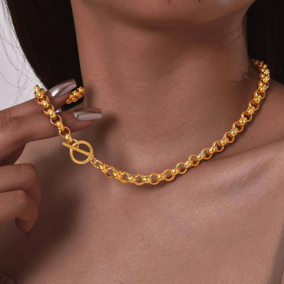 Chunky Stainless Steel Rolo Chain Choker Necklace – Gold, OT Toggle Chain Choker Necklace SPOT
