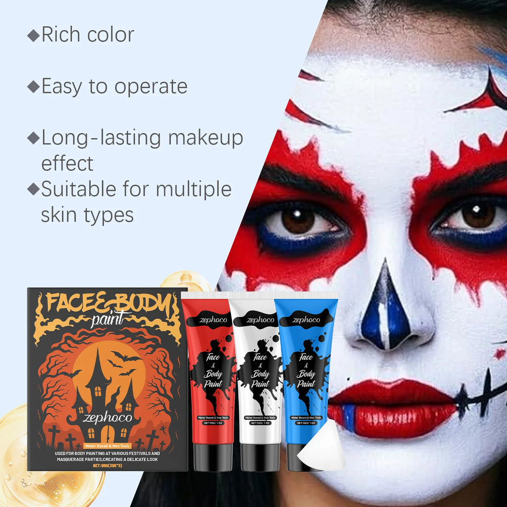 Halloween Face & Body Paint Kit – 3 Colors High Coverage Cream Body Paint Kit SPOT