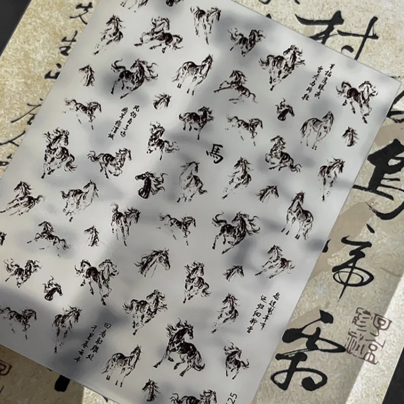 Ink Painting Horse Nail Art Stickers – Black & White Decals Nail Art Stickers SPOT Black