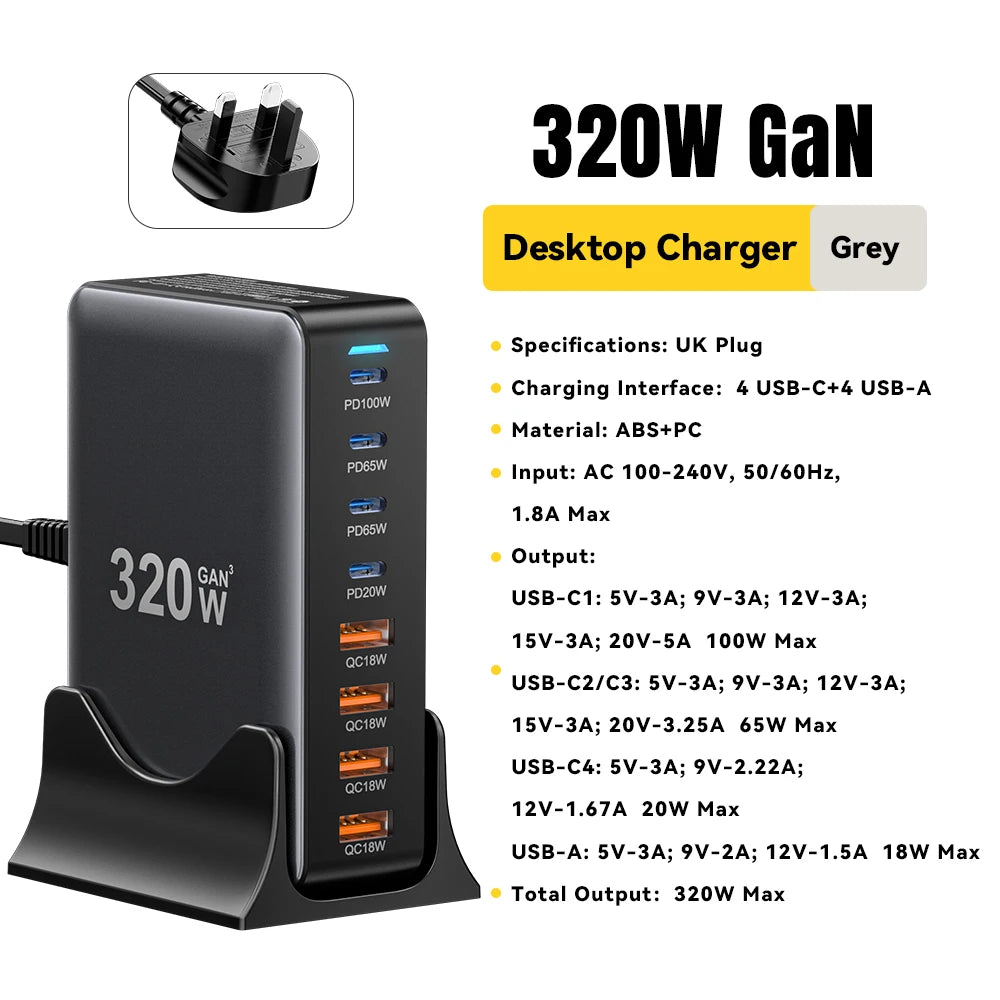 Essager 320W GaN 8-Port Desktop Charging Station USB-C PD 100W GaN Desktop Charger SPOT UK