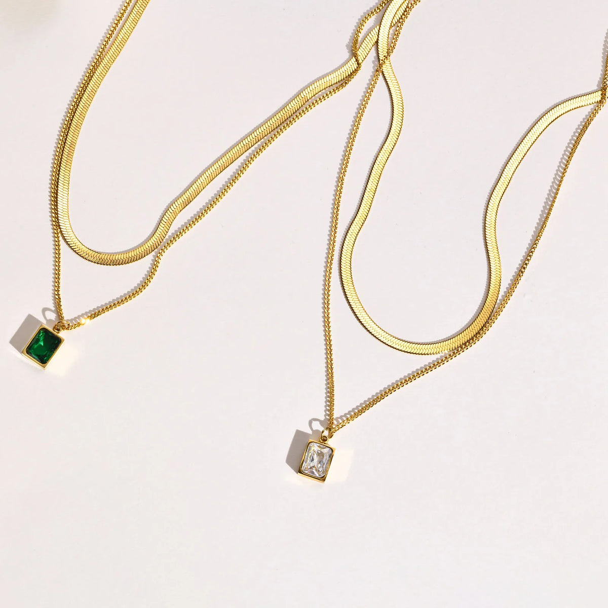 Gold Layering Necklace Set – Green Zirconia & Herringbone Choker Layering Necklace Set SPOT