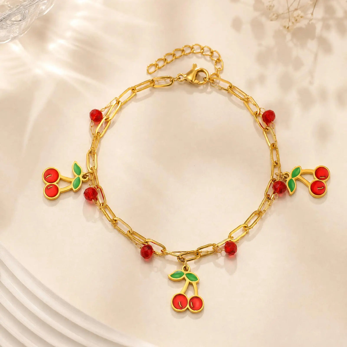 18K Gold Cherry Charm Bracelet – Y2K Crystal Bead Double Layer Charm Bracelet SPOT