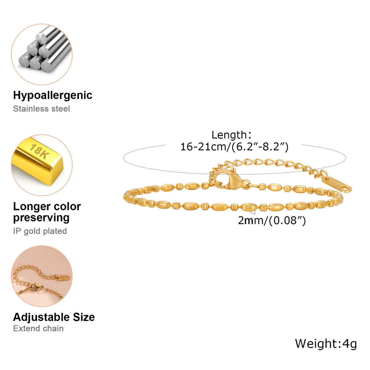 18K Gold Plated Link Bracelet – Waterproof Stackable Wristband Chain Link Bracelet SPOT BR-1961G