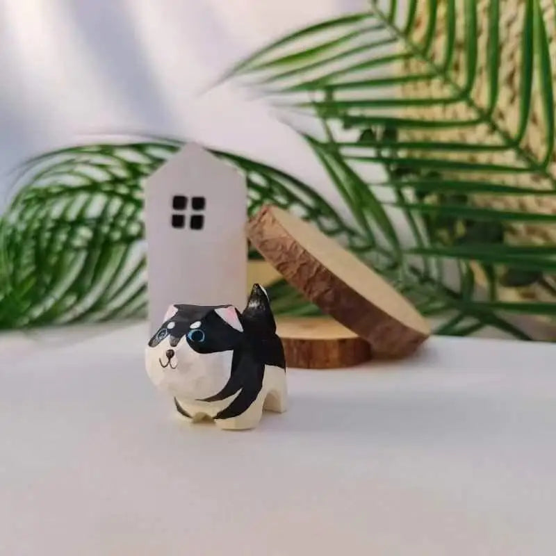 Wooden Mini Cat & Dog Figurines – Hand-Painted Desktop Decor Wooden Animal Figurine SPOT A2